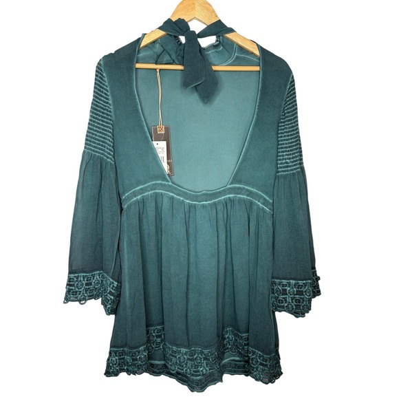 Sea Gypsies By Lost Hey Sunshine Dress Teal Green Boho Mock Neck Size Small NWT - Picture 6 of 13